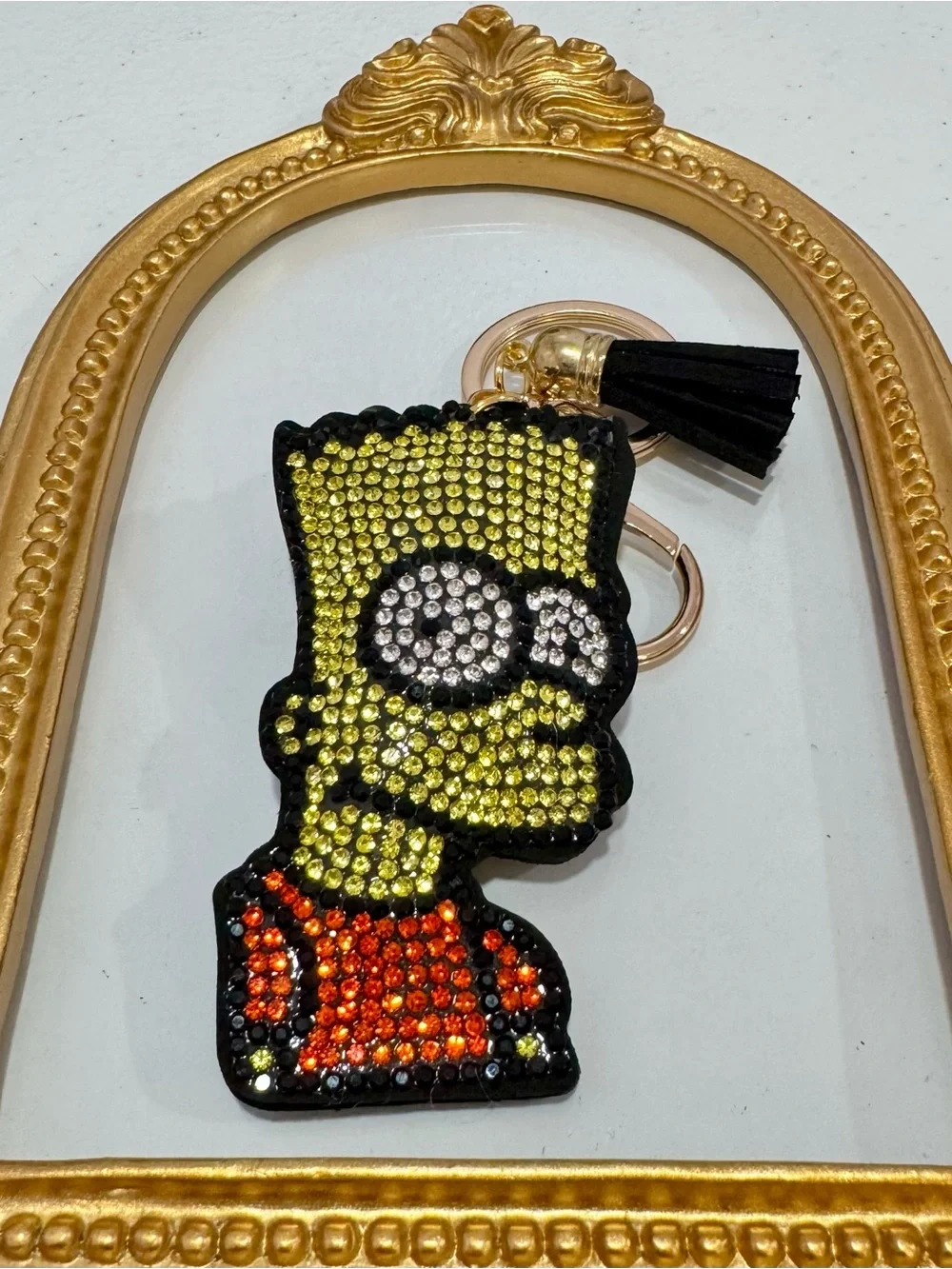 New Yellow Crystal Embellished Bart Simpson Keychain with Black Tassel